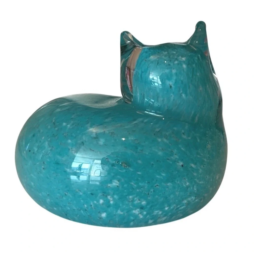 West Elm St. Jude‎ handblown teal blue glass cat figurine paperweight